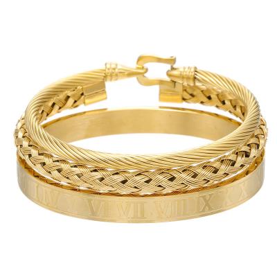 China 2022 Fashion 3Pcs/Set Hiphop Men's Bangle Jewelry Set Stainless Steel Rome Number Engraved Bracelet Braided Bracelet Wholesale for sale