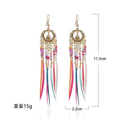 China BOHEMIA 2021 New Fashion Colorful Feather Earrings Long Tassel Bohemia Earrings Retro for sale