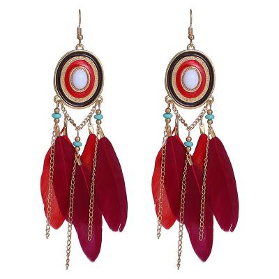 China BOHEMIA Fashion Feather Earrings Women Long Style Custom Wholesale 2022 Ethnic Oval Tassel Earrings for sale