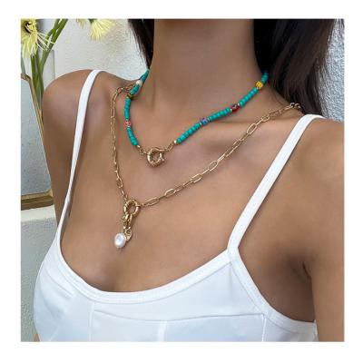 China TRENDY Made Of China Stacked Rice Beads Metal Pendant Necklace Metal Alloy Necklace for sale