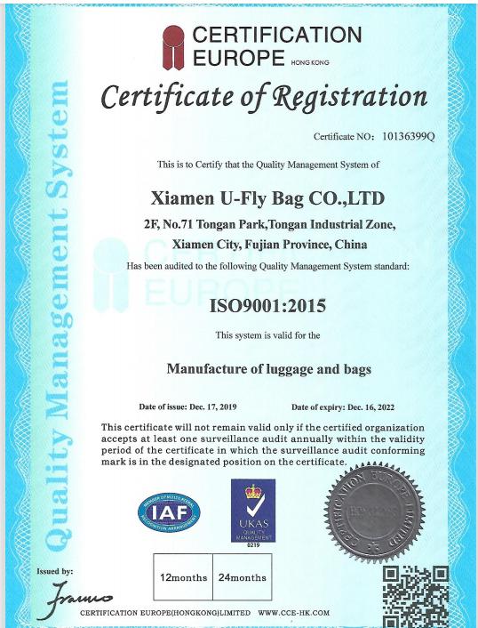 ISO9001 - Xiamen U-Fly Bag Co., Ltd.