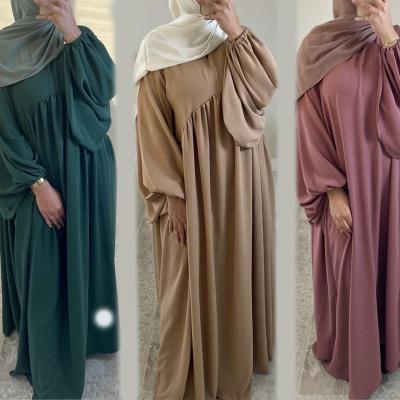 China Simple Modest Kaftan Islamic Clothing Abaya Polyester EID Abaya Dubai Turkey Solid Color Muslim Dresses For Women for sale