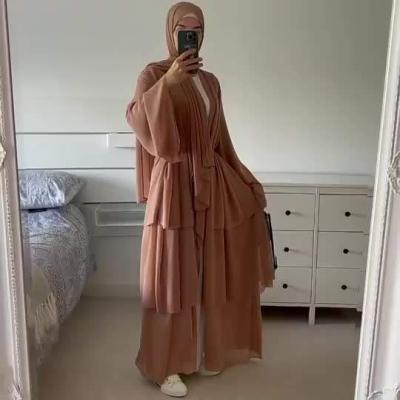 China Polyester Abaya Muslim Dress 3 Layers Sleeve Open Back Modesty Dress Chiffon Abaya Islamic Clothing for sale