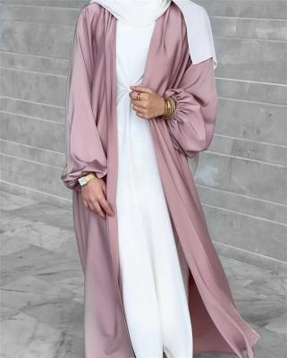 China Wholesale Modest Dubai Solid Color Satin Islamic Silk Maxi Dress Women Girl Silk Abaya Muslim Dress for sale