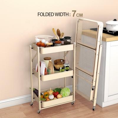 China Behind Doors/On Walls Small Nordic Folding Kitchen Storage Cart Rotating Organizer Rack Rolling Rack Bathroom Bedroom Organizer Cart With Basket for sale