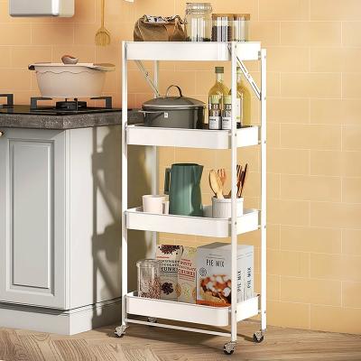 China Bathroom 4 Tier Metal Folding Kitchen Storage Rolling Cart / Utility Cart With ABS Basket for sale