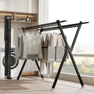 China Daily Life Clothes Hanger Aluminum Drying Rack Stand Folding Clothes Organizer Clothes Rack Double Black Mobile Balcony Drying Rail for sale