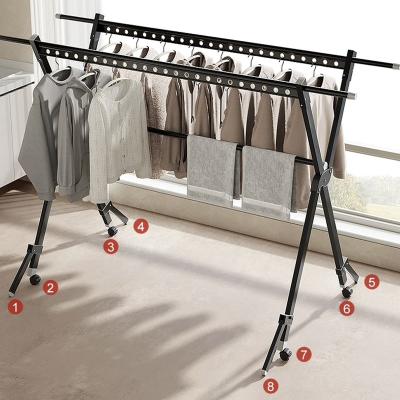 China Daily Life Clothes Folding Laundry Dryer Black Aluminum Windproof Drying Rack Feet Telescopic Drying Clothes Rack With Caters Wheels For Outdoor for sale