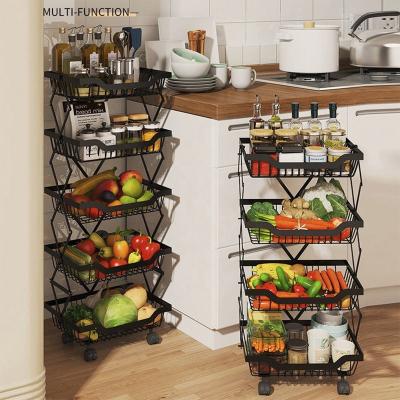 China Folding 3-5 Layer Floor Vegetable and Fruit Basket Household Kitchen Storage Rack Kitchen Rack Shelf for sale