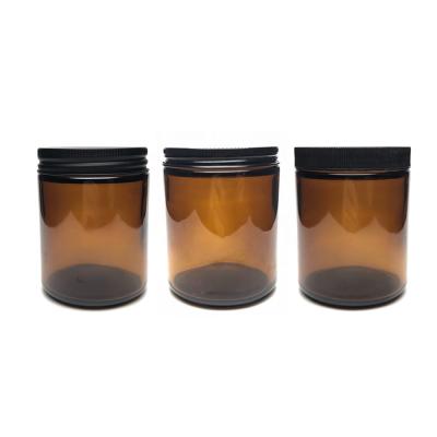 China Amber Glass Empty Unique Luxury Factory Decoration 250ml Home Decor Candle Jars Containers With Black Lid for sale