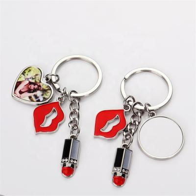 China Promotion Gift Round Blank Sublimation Lipstick Metal Keychains For Girls for sale