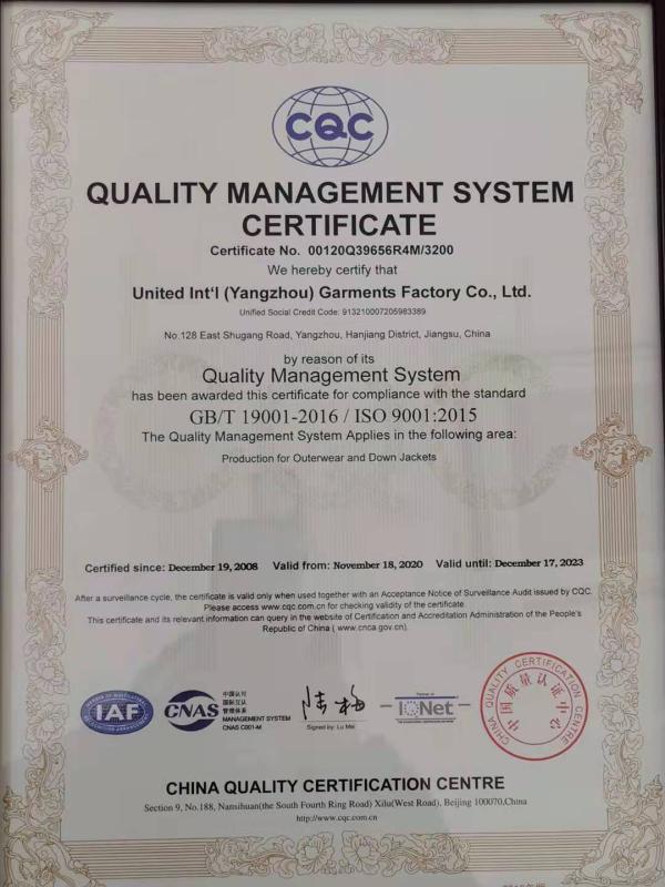 ISO9001 - United International (Yangzhou) Garments Factory Co., Ltd.