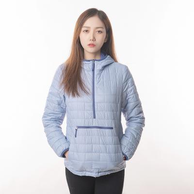 China Light Blue Windproof Bubble Stripe Winter Women Half Zipper Quilted Hooded Jacket With Front Pocket for sale