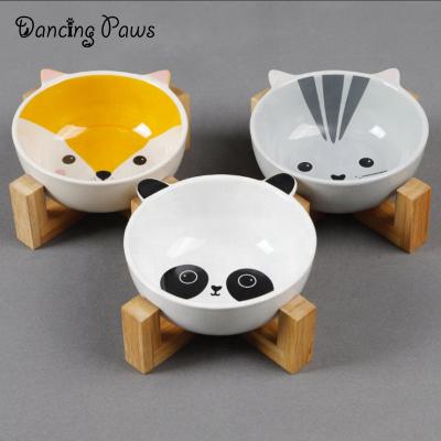 China Wholesale Automatic Dog Bowl With Holder Wooden Cartoon Cat Bowl Pet Food Water Ceramic Bowl Set for sale