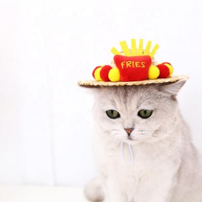 China Custom Funny Weaving French Fries Cartoon Pet Viable Cute Cat Dog Straw Hat Summer Sun Adjustable Hat Funny Weaving Hat for sale