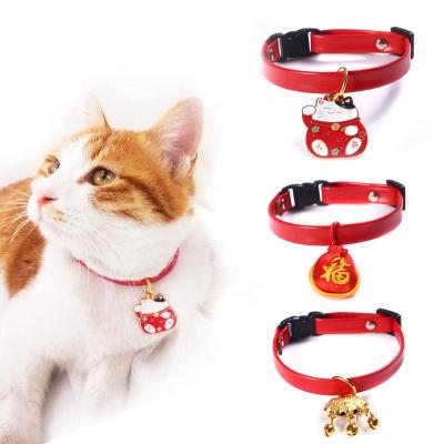 China Leather Adjustable Collar Viable Lucky Cat Lucky Bag Ingot Longevity Lock Red Cat Dog Rabbit Pu Pet Bell Pendant for sale