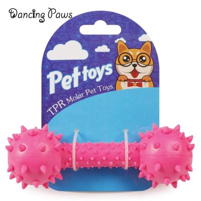 China Amazon pet toy paper card packaging TPR barbell 14cm spiky teether sustainable hotselling cleaning stick for dog for sale