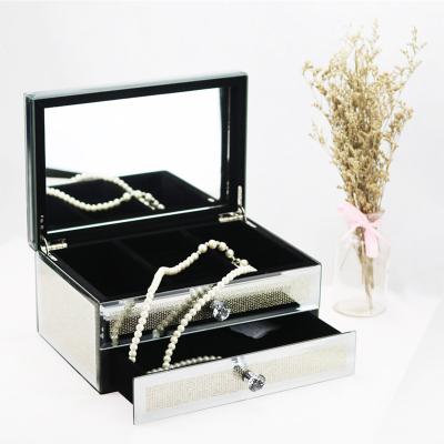 China Wholesale Silver Glitter House of Morden Decorate Double Crystal Diamond Mirror Multi Drawer Glass Jewelry Box for sale