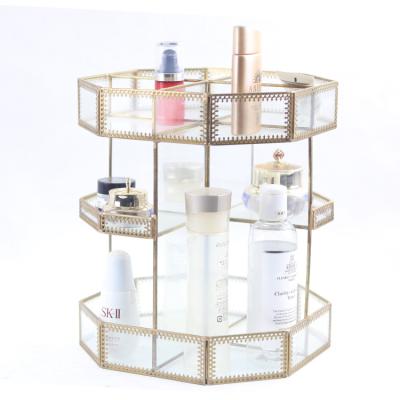 China Wholesale Stocked 3 Tier Bathroom Wire Vanity Makeup Organizer Cosmetic Storage Shelf Glass Makeup Organizer for sale