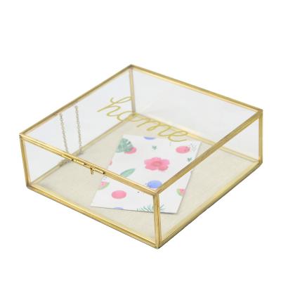 China Custom Glass Ring Bearer Boxes Photo Storage 4x6 Gold Keepsake Proposal Glass Bridesmaid Gift Glass Box with Metal Frame for sale