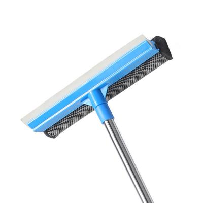 China Sustainable Window Squeegee 2 In 1 Side Glass Window Cleaner Dual Blade Rubber And Sponge Aluminum Telescopic Pole Wiper Cleaner for sale