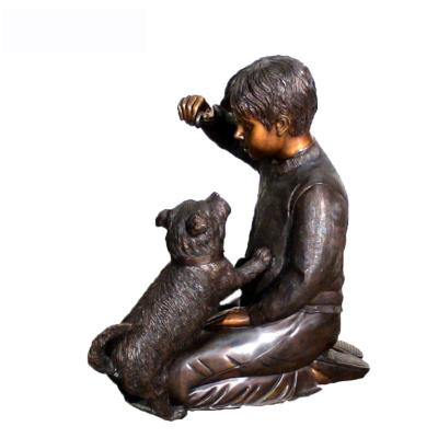 China Europe Figure Life Size Statue Decoration Bronze Boy Sculpture With Dog for sale