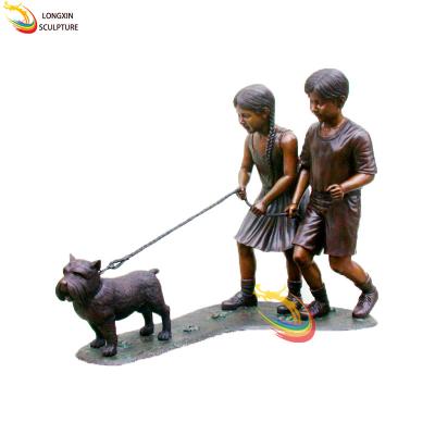 China Europe Modern Home Decoration Life Size Bronze Boy And Girl With Dog Statue for sale