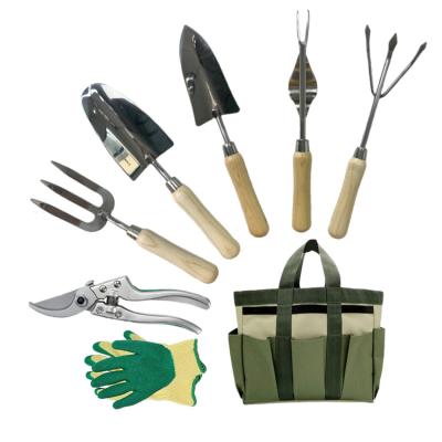 China Total Garden DIY Tools Manufacturer Sale 8 Pcs Home Gardening Planting Stainless Steel Trowel Equipment Bag Handle Wooden Garden Tools for sale