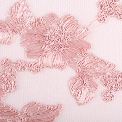 China Breathable Polyester 3d Rope Ribbon Pink Floral Flower Embroidered Mesh Fabric Embroidery For Party Dress ST-1015 for sale