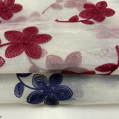 China New Design Breathable Soft Cheap Mesh Big Flower Chain Embroidery Tulle Organza Fabric For Dress for sale