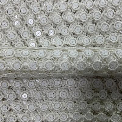 China Breathable In Stock Polyester White Sequin Embroidery Net Chemical Fabric For Women Dress for sale