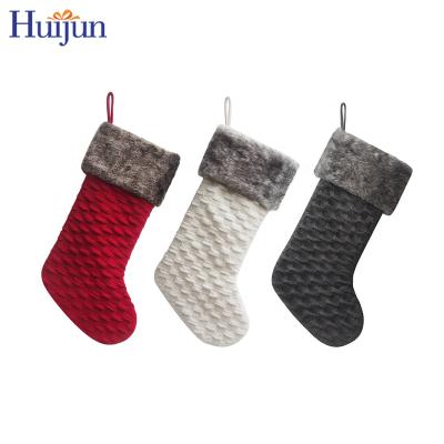 China 20 Inch Christmas Decorative White Knitted Stockings With Red And Black Color Faux Fur Christmas Tree Party Decorations Gifts for sale