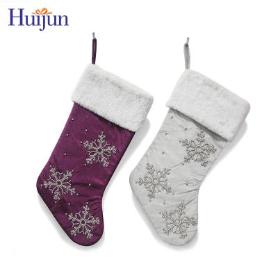 China Decorative Plush Velvet Snowflake Design Christmas Natural Beaded Stocking for sale