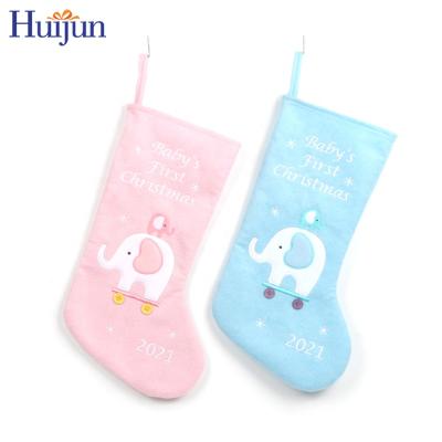 China 2021 Decorative New Fashion 16 Inch Felt Baby Pink and Sky Blue Christmas Stocking Lovely Elephant Embroidery Baby Christmas Gifts First for sale