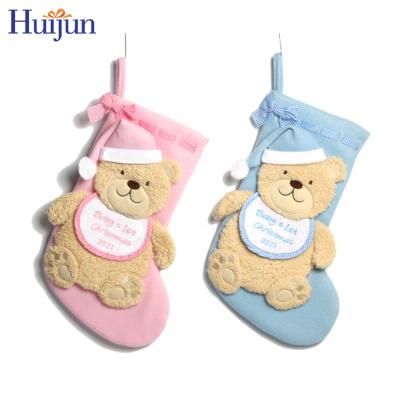 China 2021 Custom Lovely 3D Decorative Teddy Bear Fleece Punk And Popular Sky Blue Stockings For Baby's First Christmas Decoration China Supplier for sale