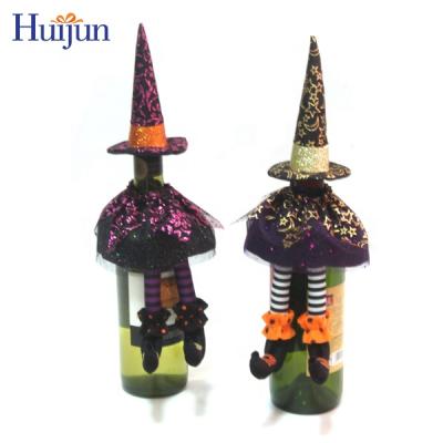 China 2020 Organza Halloween Witch Wine Bottle Cover Bag Dress With Hat Party Table Decorations for sale