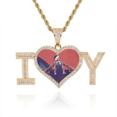 China Hiphop Letter Combination Heart Hip Hop Stitching Souvenirs Cool Photo Pendant Zircon Personality Necklace Creative Gifts for sale