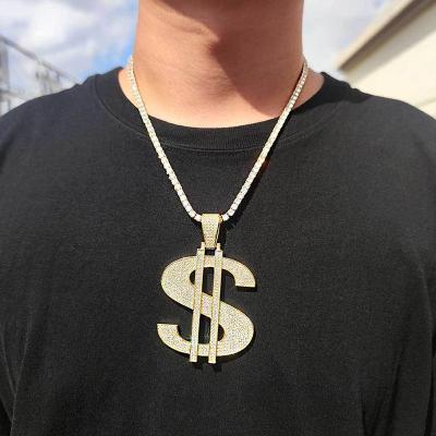 China Custom Hiphop Jewelry 18K Gold Plated Laser Engraving Stainless Steel Wen Logo Zircon Dollar Sign Pendant Necklaces for sale