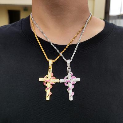 China 2022 Hot Selling Men's Hip Hop Jewelry Men's 14K Gold Cross 14K Gold Snake Coral Snake Gemstone Shiny Iced Out Cross Pendant for sale