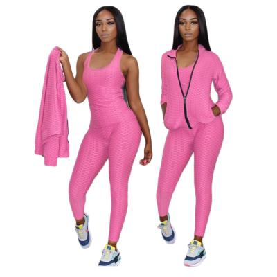 China Breathable Women Fall Fashion Tracksuit 3pcs Yoga Set 2020 Women Clothing Crop Top Coat Suit Set Long for sale