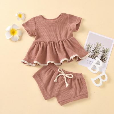 China 2022 Summer Babies Breathable Solid Pink White Ruffles Newborn Clothing JX3037025 Children Clothing Boutiques Kids Clothes 2 Pcs for sale