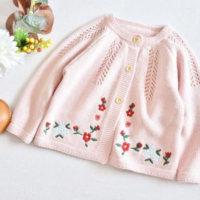 China Wholesale Flower 100% Cotton Anti-wrinkle Baby Pink Cardigan Girls Sweater Kids Clothes Embroidery Ready Made Lots for sale