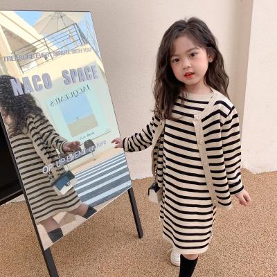 China 2022 Spring New Arrival Baby Kids Knitted Sweater Knitted Dress Toddler Infant Girls Anti-wrinkle Striped Cardigan Clothing Sets TZ220058 for sale