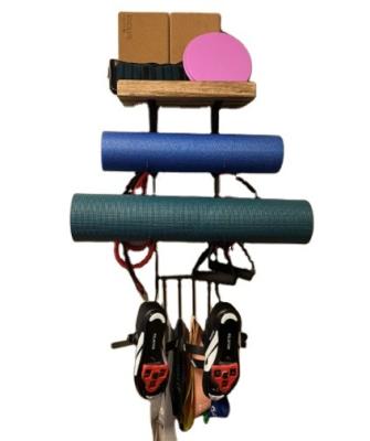 China Home Decor Display Yoga Mat Holder Wall Mount Yoga Mat Storage Home Gym Accessories with Wooden Floating Shelves and 4 Hooks for Hanging Foam Roller for sale