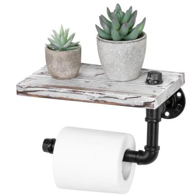 China America Wall Mounted Industrial Toilet Paper Holder With Floating Bleached Wood Shelf And Metal Pipe Hardware for sale