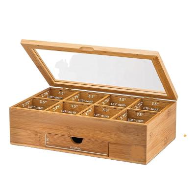 China (Size) Eco-Friendly Customized Premium Bamboo Tea Box Organizer Natural 8-Storage Compartment With Small Drawer for sale