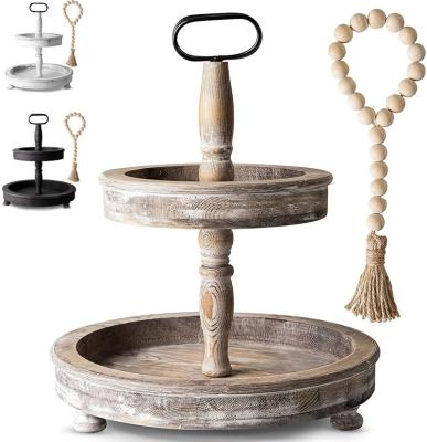 China Adjustable (Height) Distressed Wood 2 Tiered Tray Decor, Includes Garland Unique Kitchen Farmhouse Table Decorative Wood Decor Bead Tiered Serving for sale