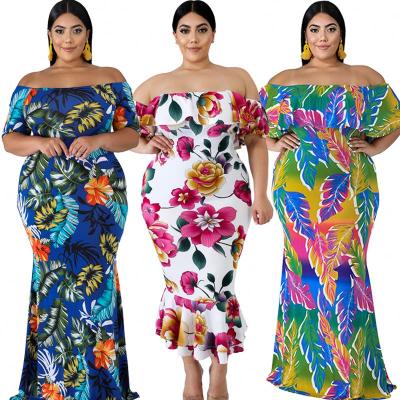 China New Breathable Arrive Spring Autumn Womens Clothing Plus Size Dresses Floral Layered Ruffle Off Shoulder Dress for sale