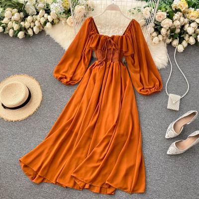 China Fashionable Custom Fashionable Custom Long Sleeve Dress Women Chiffon Puff Drawstring Midi Loose Casual Dresses Anti-Static for sale