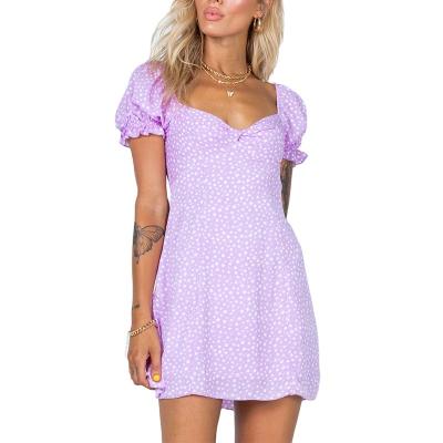 China Women Anti-Wrinkle Summer Wide Dress Women's Short Elastic Neckline Sleeves Twist Detail At Bust Elegant Mini Dresses for sale